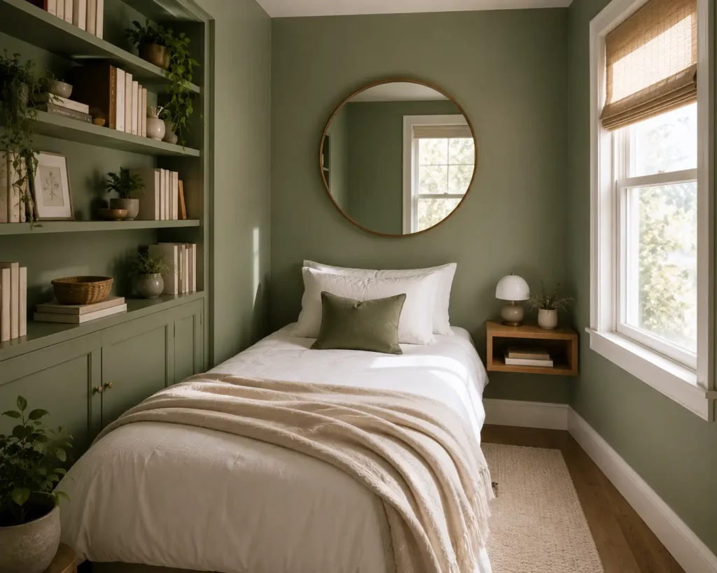 Bedroom with soft sage green walls and smooth matte paint finish by a painter in Greenville, DE.